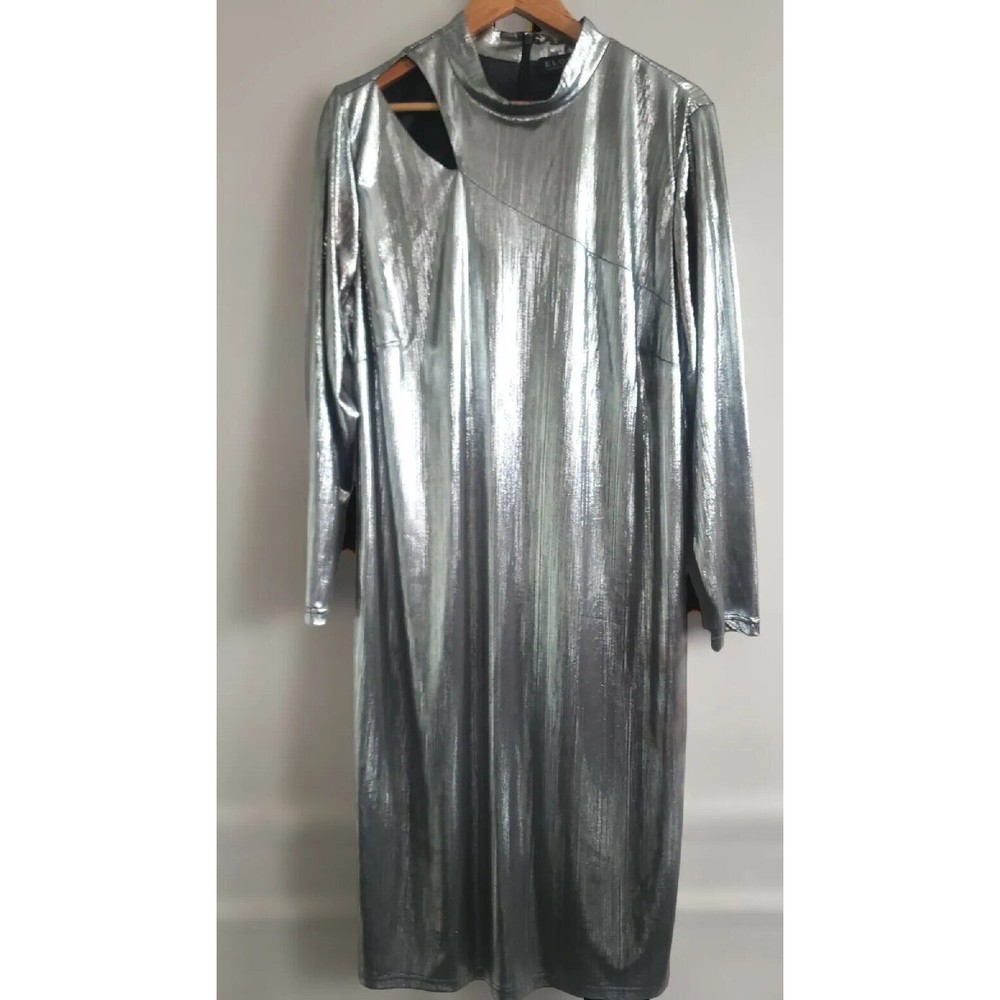 ELOQUII  Dress Women's 22 Mettalic Silver Cut Out  Design Long Sleeve Event